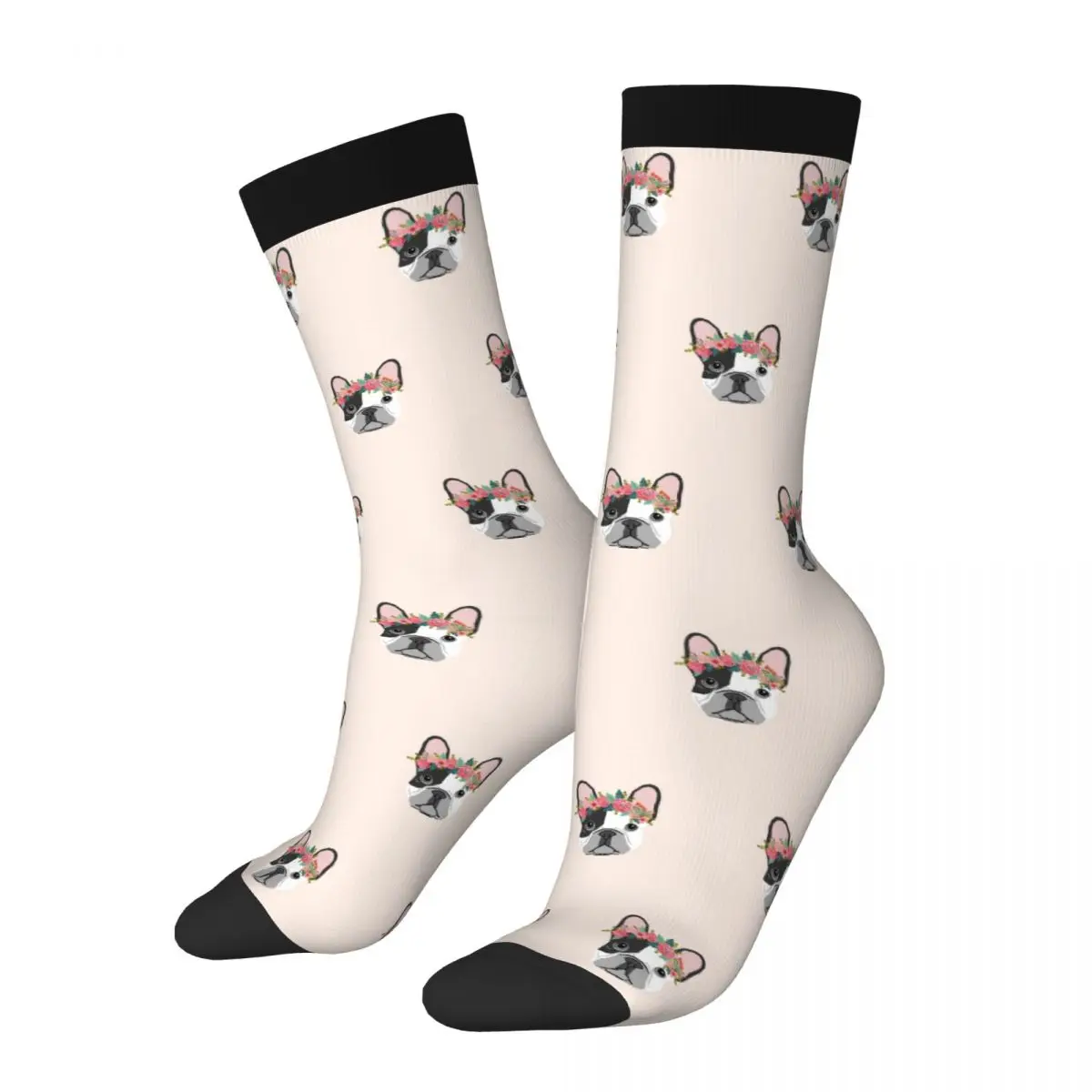 Autumn Winter Harajuku Men's Women's French Bulldog Dog Breed Floral Crown Socks Non-slip Football Socks