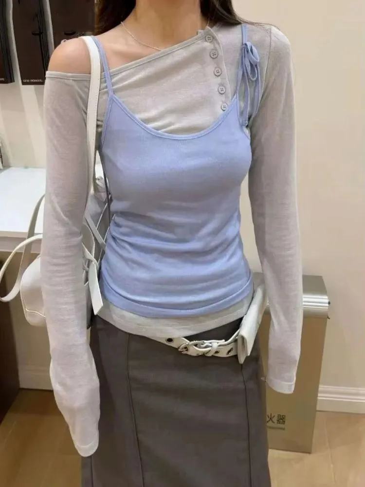 Two Piece Sets Women Long Sleeve T Shirts Diagonal Collar Off Shoulder Sexy Tank Tops Female Camisole Y2k Aesthetic