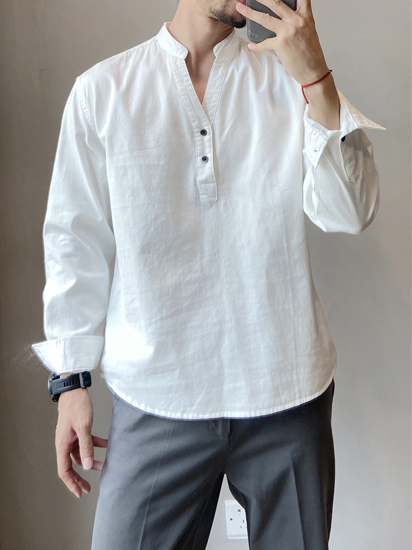 

Мужская осенняя рубашка-поло из чистого хлопка с V-образным вырезом и пуговицами, повседневная, в новом китайском стиле, для бизнеса