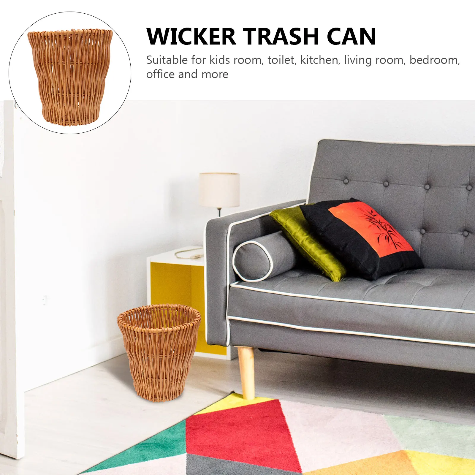 

Rattan Trash Can Natural Wicker Kitchen Waste Bin Storage Basket with Liner Garbage Flower Decorative Woven Girl