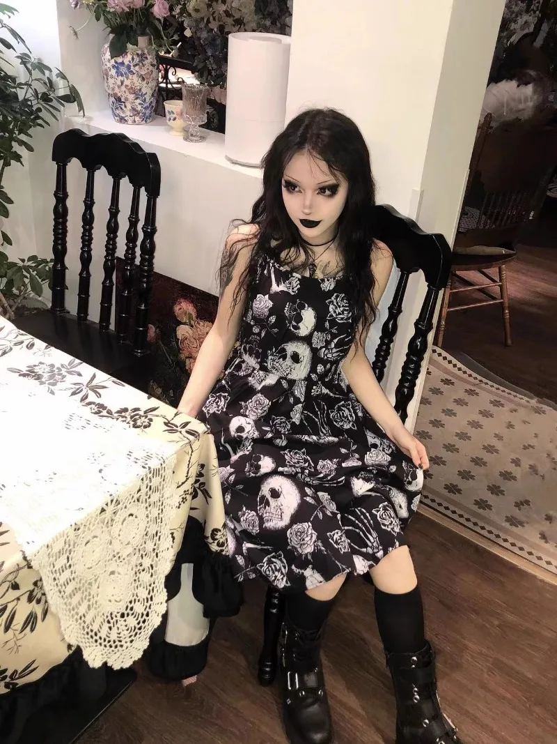 2025 New Japanese Summer Original Dark Gothic Subculture Street Skeleton Rose Hand Print Suspender Waist Thin Dress For Women