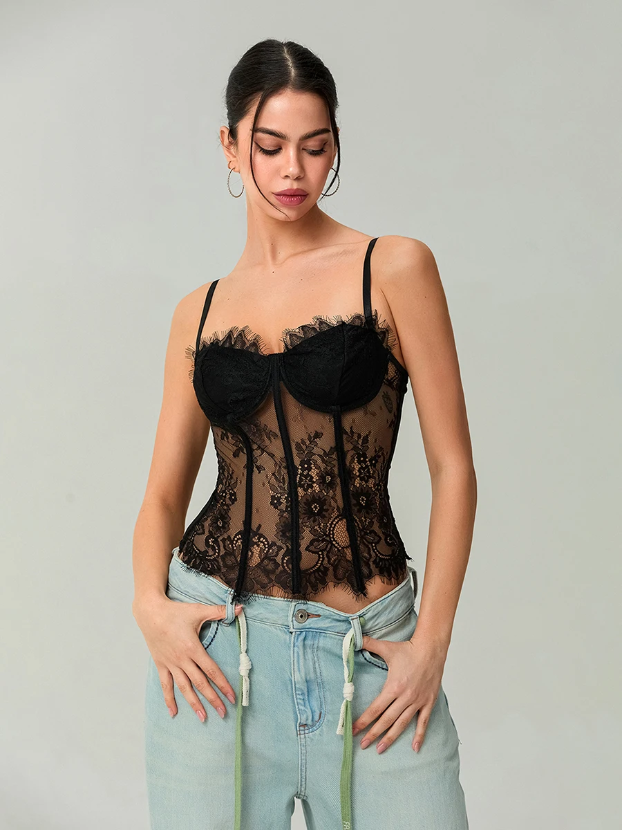Women's Lace Corset Tops Sleeveless Camisole Bustier Mesh Floral Retro Sexy Tank Tops