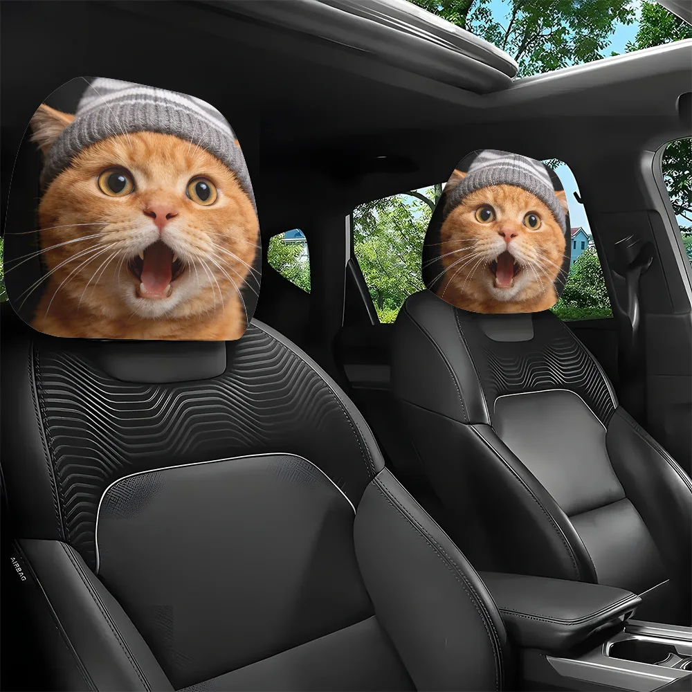 2pcs Striped Hat Orange Cat Print  Headrest Covers, Easy To Install and Wash