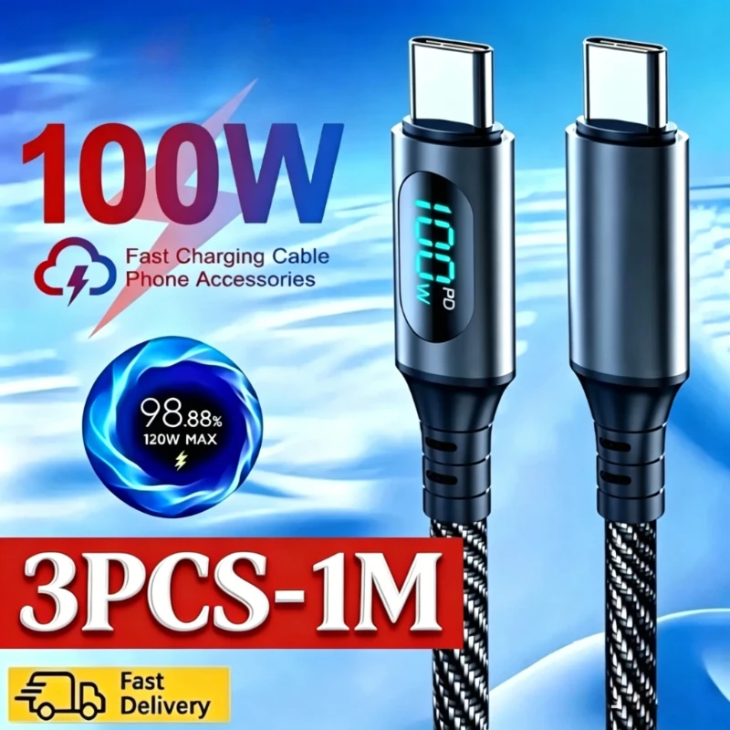 3/2PCS 6A 120W USBA to Type C Super Fast Charge Cable for Xiaomi Samsung With Led Digital Display USB C to Type-C Data Cable