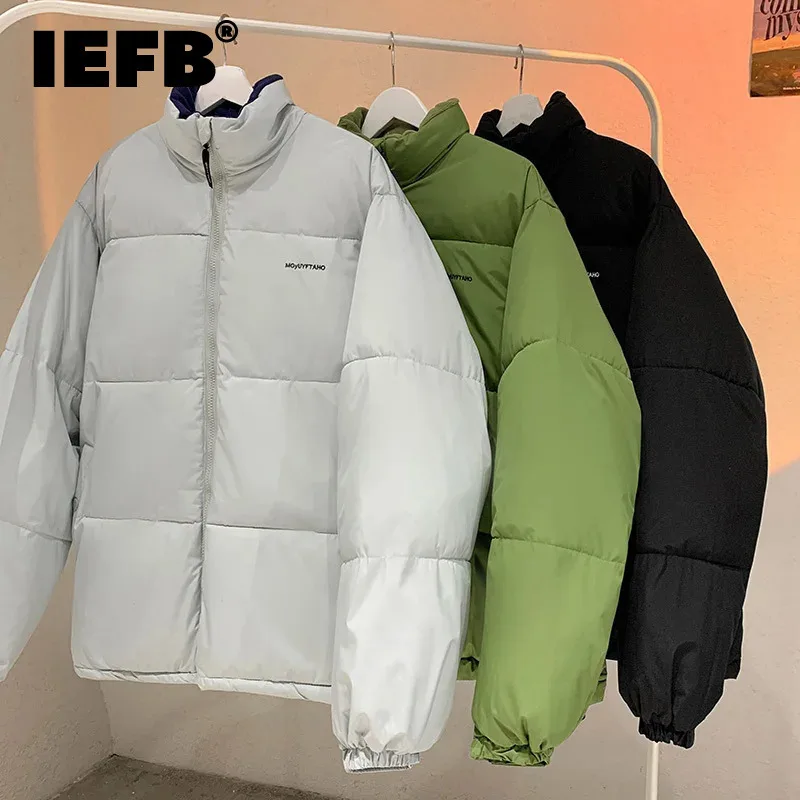 IEFB Korean Style Men's Padded Coats Stand Collar Letter Printing Solid Color Casual Pockets Thickened Loose Male Jackets 9C8675