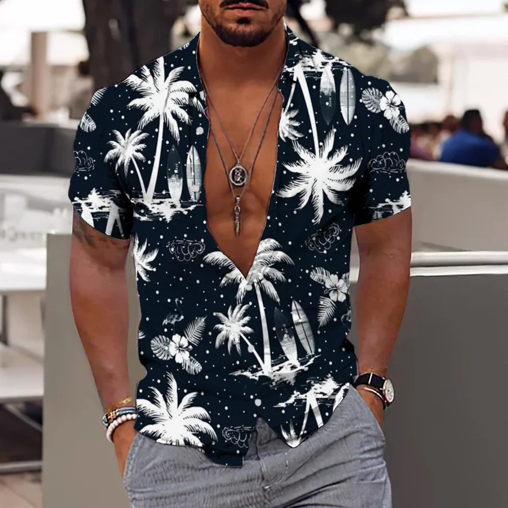 Camisa de coco havaiana masculina, estampada em 3D, manga curta, Harajuku, lisa, blusa formal, moda vintage
