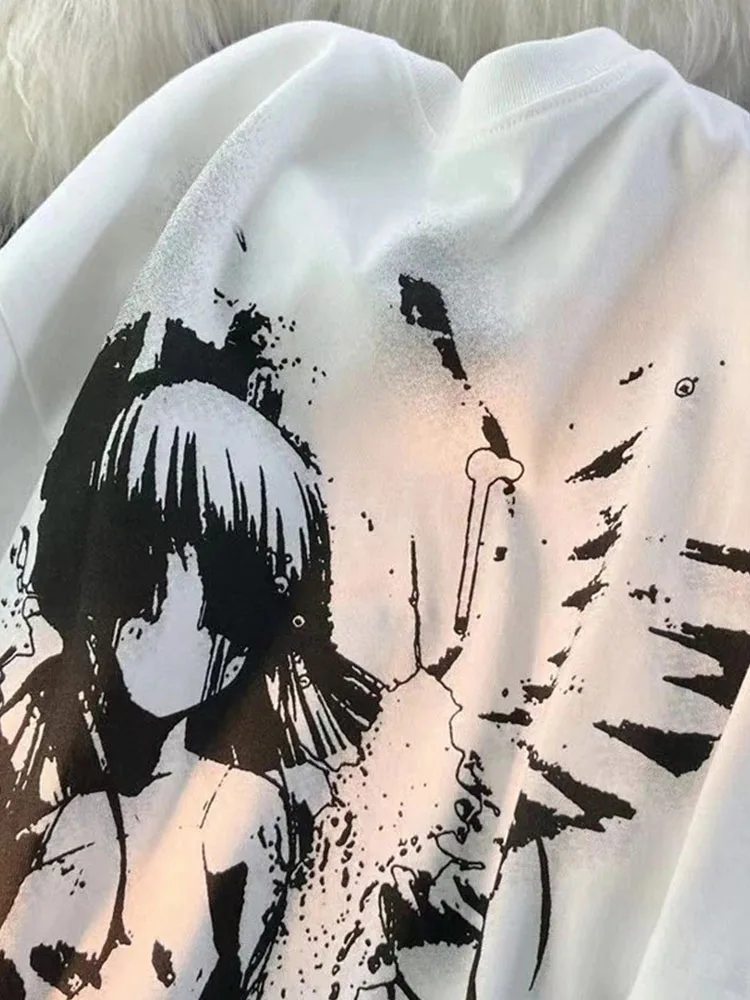 Anime Angel Girl Oversized Women's T-shirt round Neck Short Sleeve Splash Ink Print Y2K Streetwear Tee for Casual Wear