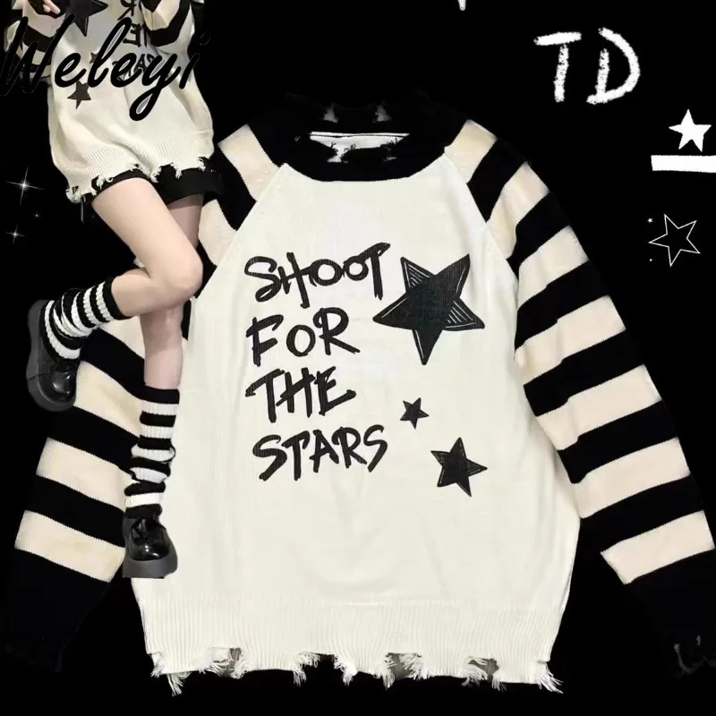 Japanese Y2k Soft Girl Star Letter Stripes Print Knitwear Student Subculture Loose Cute Long Sleeve Hole Crew Neck Sweater Women