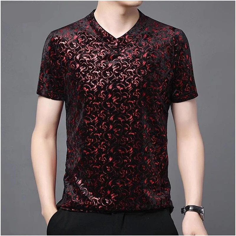 

Velvet Luxury V-Neck T Shirt For Men Short Sleeve Print Coolness Summer Quality Soft Comfortable Casual Tees Camisetas De Hombre