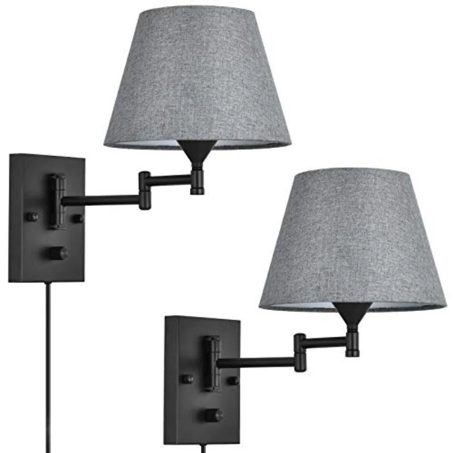 Plug in Wall Sconce Set of 2 Swing Arm Wall Lamp with Plug in Cord and Grey Fabric Shade Wall Light Fixtures for Hallway Bedroo
