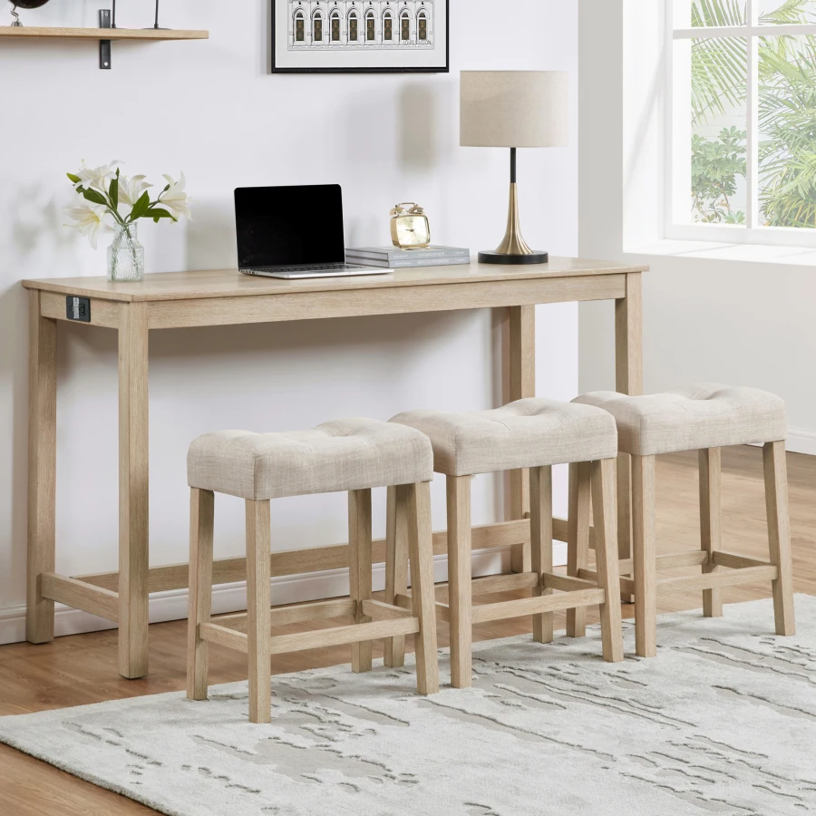 

4 Piece Bar Table Set with Power Outlet for Living Room and Dining Room, Light Oak Wood, Beige Padded Stools, Built-in Charging