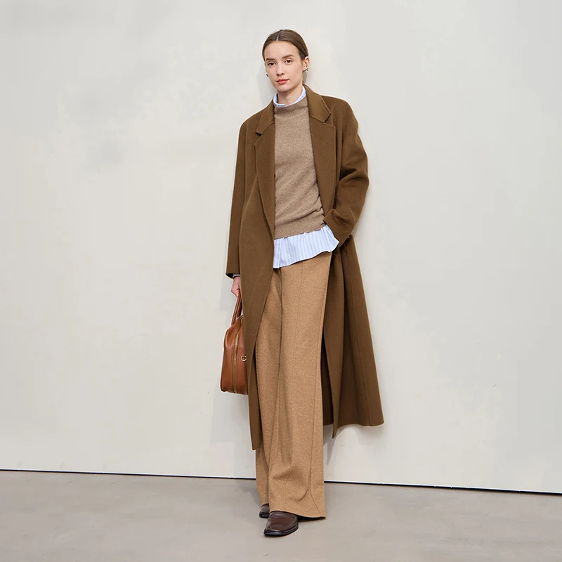 AMII abrigo de lana para mujer 2025 invierno nuevos abrigos largos versátiles para mujer con cinturón 100% chaqueta de Tweed de doble cara de lana 12544044