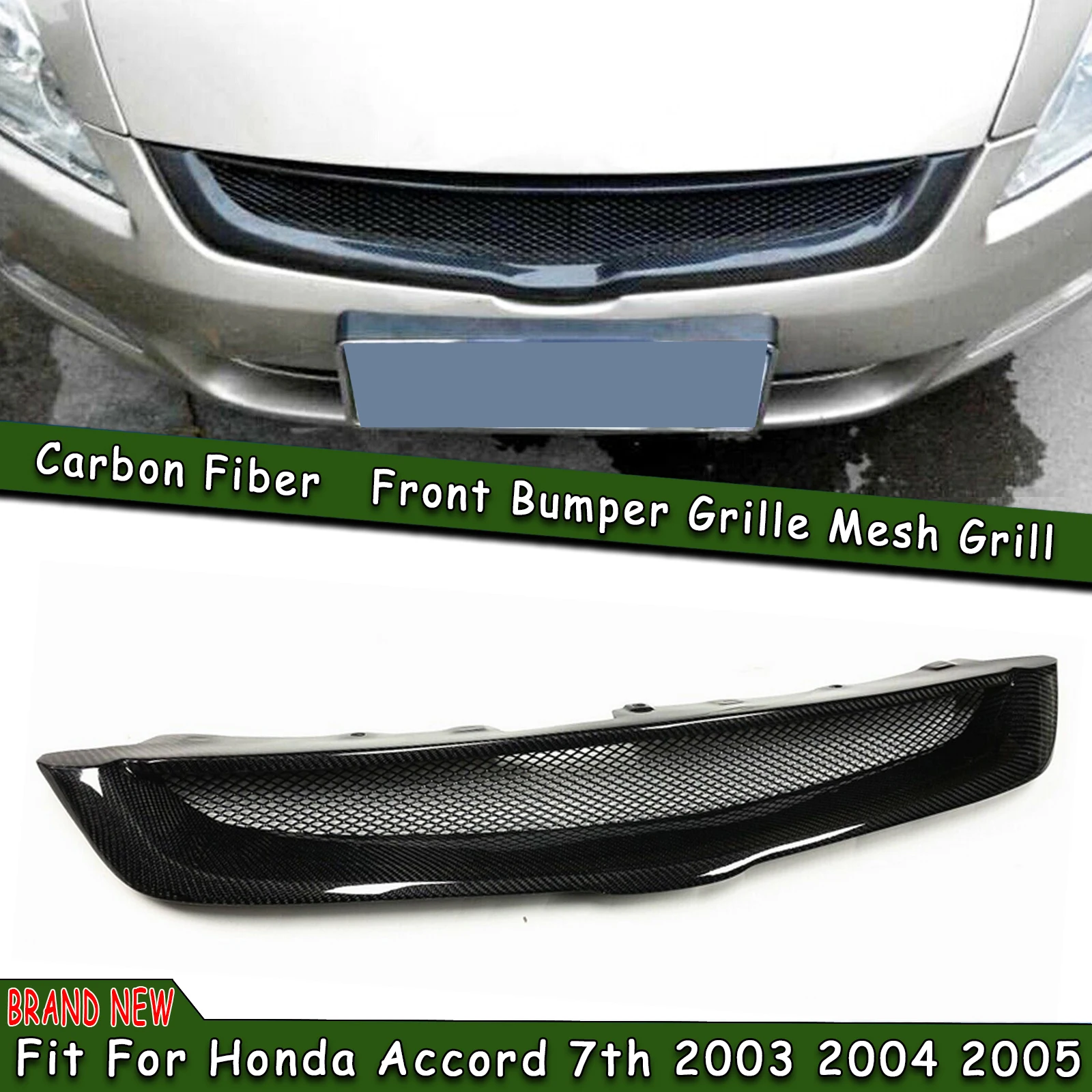 Carbon Fiber Car Front Bumper Lip Grille Grill Upper Hood Mesh Grid Grating For Honda Accord 7th 4 Door 2003 2004 2005