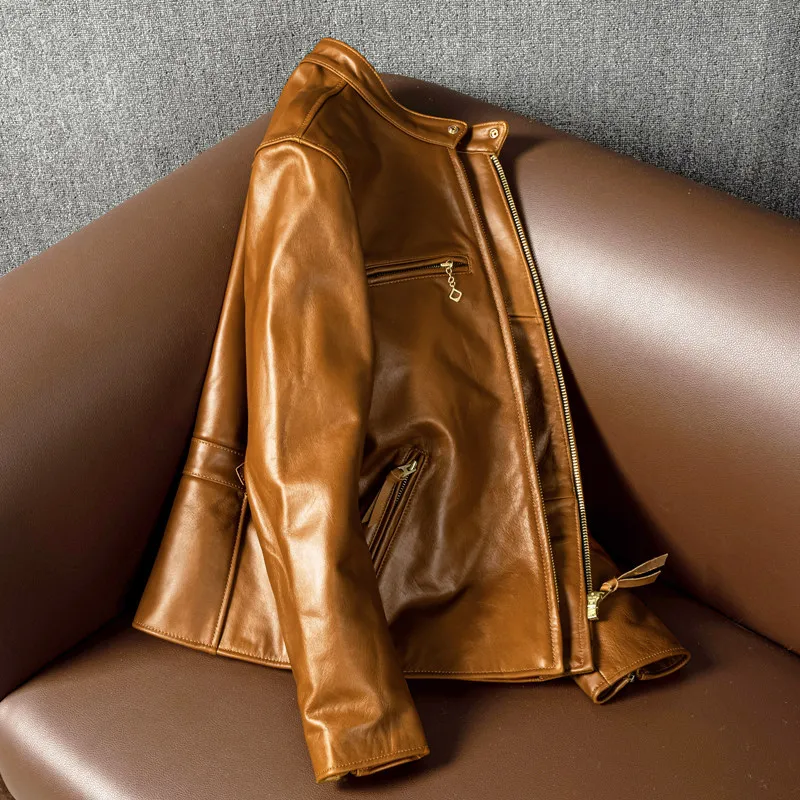 Oil wax first layer cowhide leather men's youth stand-up collar short slim jacket