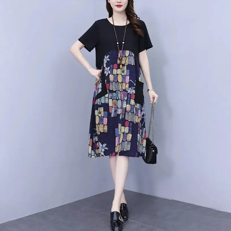 

Fashion O-Neck Pockets Printed Fake Two Pieces Midi Dress Women's Clothing Summer New Loose Commuter Short Sleeve Dresses