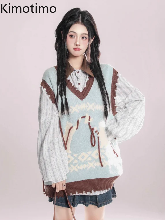 

Kimotimo Cute Cat Jacquard Knitted Vest Women Fashion Hole Irregular V Neck Loose Pullover Autumn Winter Sleeveless Y2k Sweater