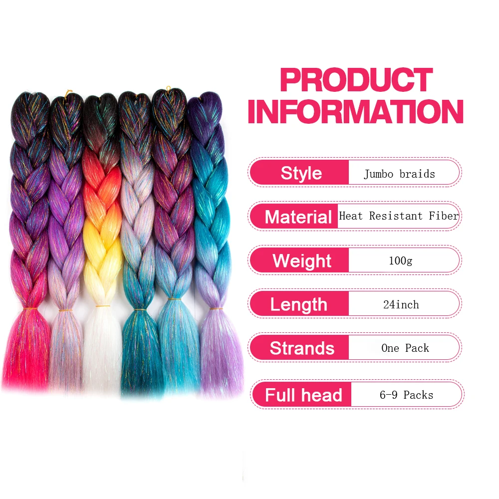 Synthetic Ombre Glitter Jumbo Braids Extensions Sparkle Rainbow Colored Braiding Hair 24inch For Women Wholesale DIY Hairstyle