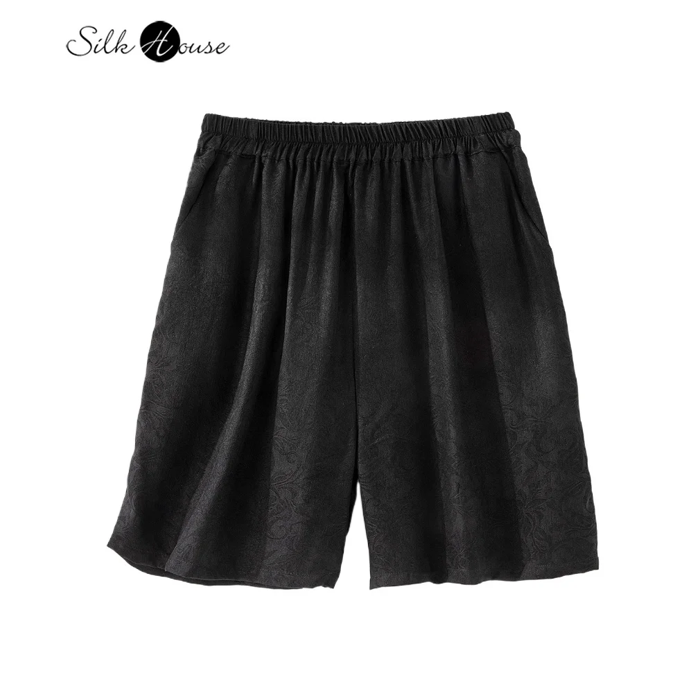 2025 Fashion Summer New 100% Natural Mulberry Silk Gambiered Guangdong Gauze Black Women's Elastic High Waist Casual Shorts