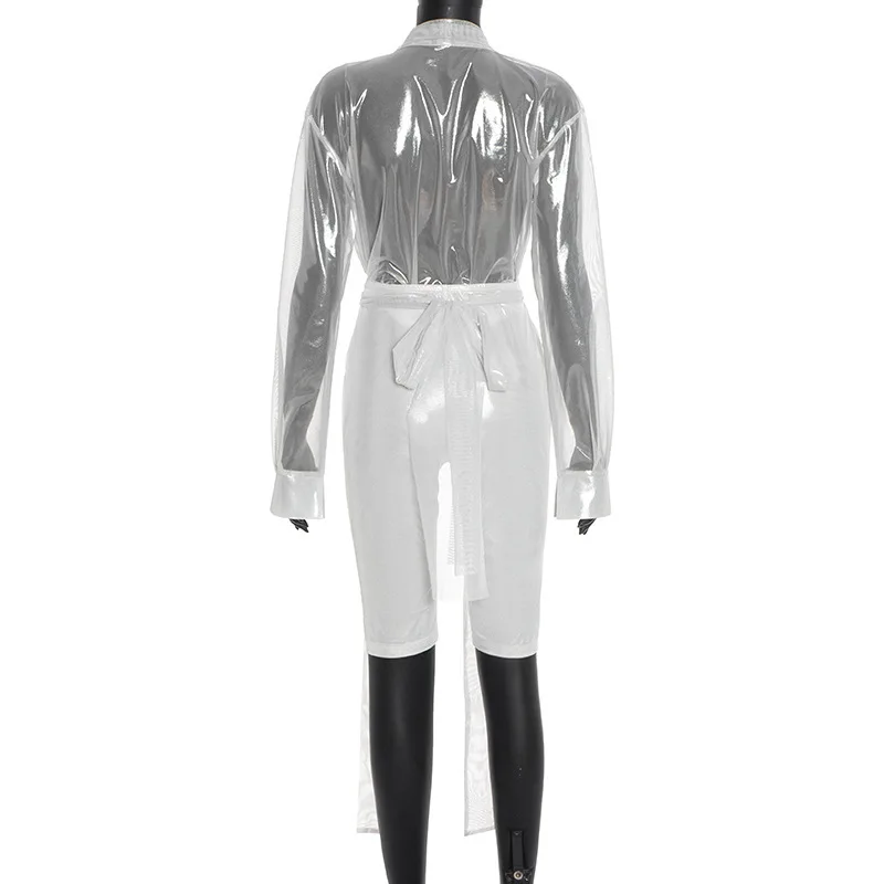 Women Sexy Silky Mesh 2 Piece Set Ribbons Deep V Neck Long Sleeve Shirts Tops + Skinny Knee Length Pants Night Clubwear Suits