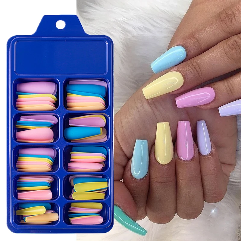 100pcs False Nails Coffin Nude/Light Color Mix Matte Artificial Long Ballerina Fake Nails Full Cover Nail Tips Press on Nails