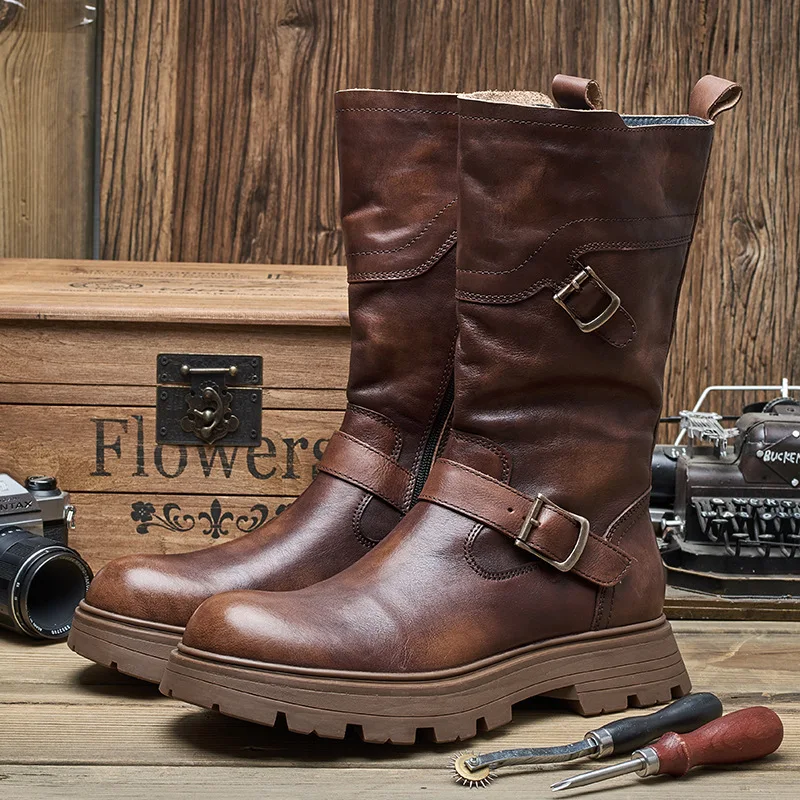 Euro Size 38-44 New Men\'s Winter Mid-calf Buckle Belt Leather Knight Boots Cool Shoes Young Man