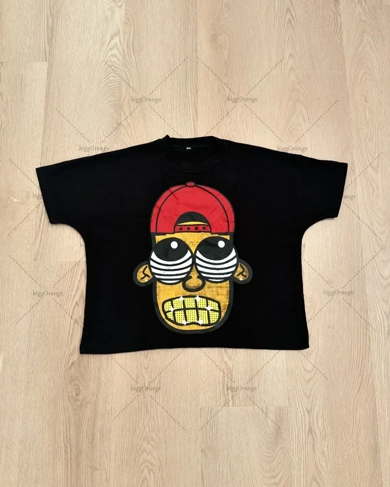

newHarajuku European and American Retro Cartoon Print Casual Loose T-shirt Men Y2K Fashion Versatile Round Neck Short-sleeved Wo