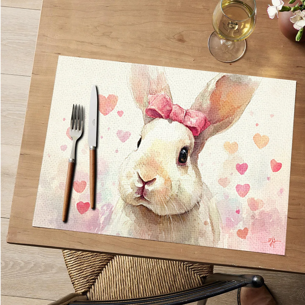 1PC Easter Bunny & Heart Print Placemats Suitable for Home Dining, Spring Table Setting, Easter Party Decorations