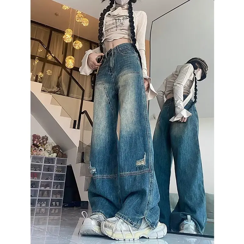 Y2K Style Jeans Women's New Niche Loose Jeans Retro Retro Tooling Straight High-Waisted Trousers Split-Hole Pants