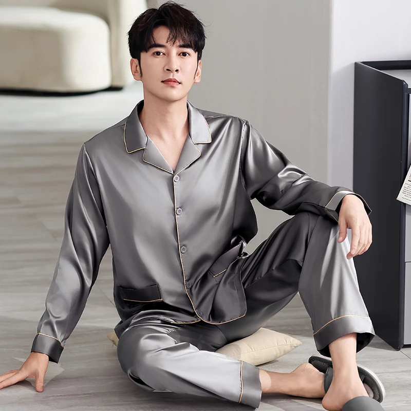 

Весенний пижамный комплект, мужская шелковая атласная одежда для сна, домашняя одежда, осенний кардиган с длинными рукавами, топы + длинные брюки, пижамный костюм для отдыха