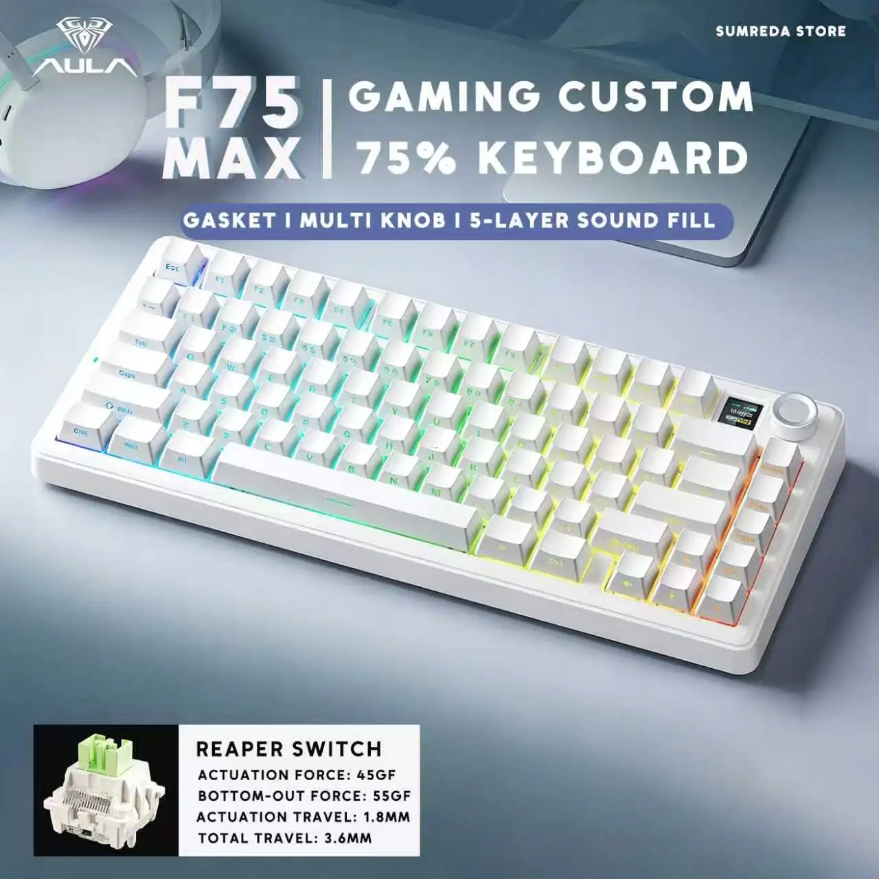 AULA F75 MAX F75MAX F75 Gaming Wireless Mechanical Keyboard Bluetooth 2.4G Wired RGB Customized 75% Hotswap Gamer keyboard
