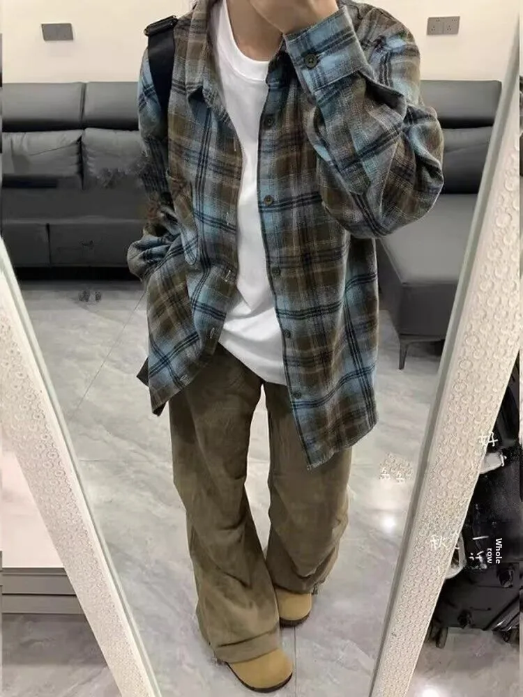 

Мужская рубашка в американском ретро-стиле в клетку с длинным рукавом, свободная повседневная модная верхняя одежда для подростков, осенняя, из полиэстера