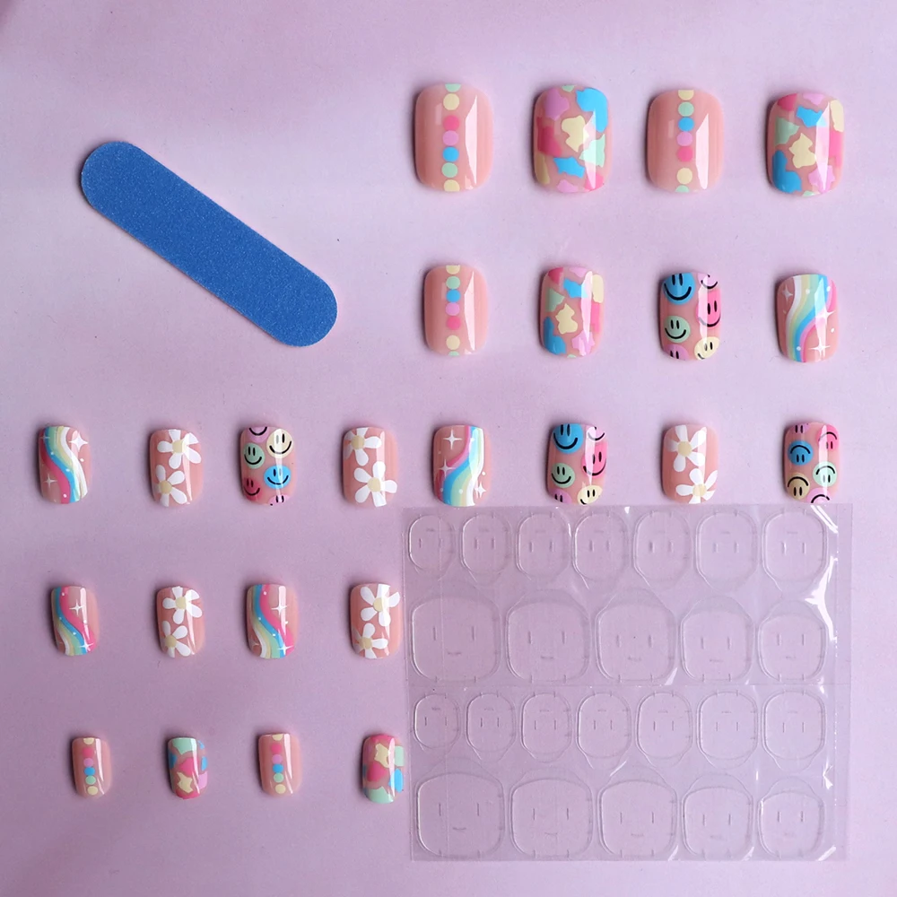 ARTAUG 24PCS Short colourful press on nails cartoon drawing press on nails cute sweety nails for girl women gift