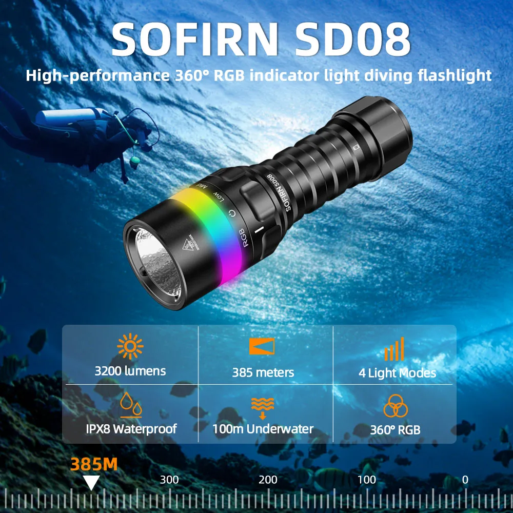 Sofirn SD08 Diving Flashlight 3200lm 385m SST70 LED 21700 USB C Rechargeable 360° Power Display RGB Light Underwater Positioning