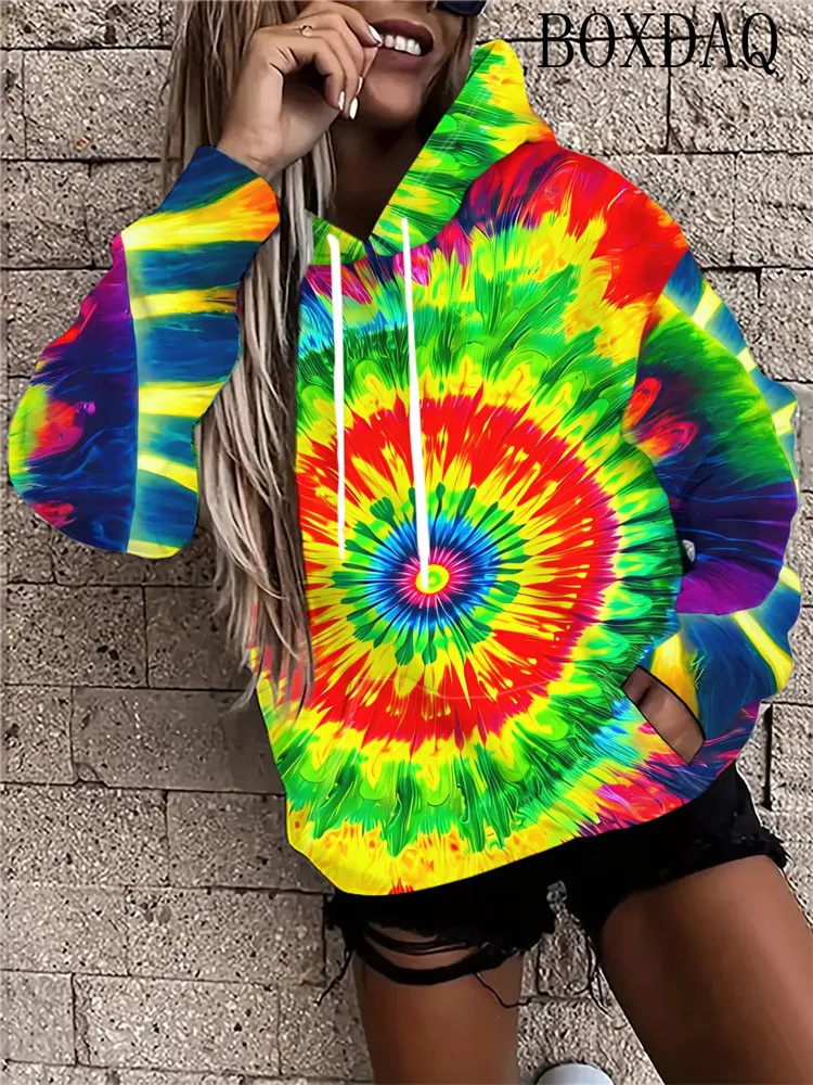 Colorful Vortex Spiral Stripe Pattern Women's Hoodies Tie dye Printed Hippie Long Sleeved Pocket Autumn/Winter Sweatshirt Coat