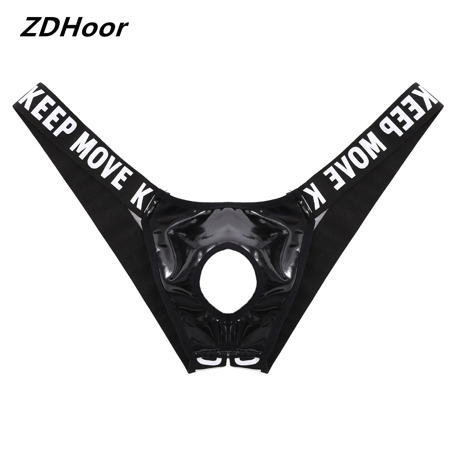 

Men Hollow Out Patent Leather Bulge Pouch Jockstrap T-Back Letter Print Waistband Thongs Underwear