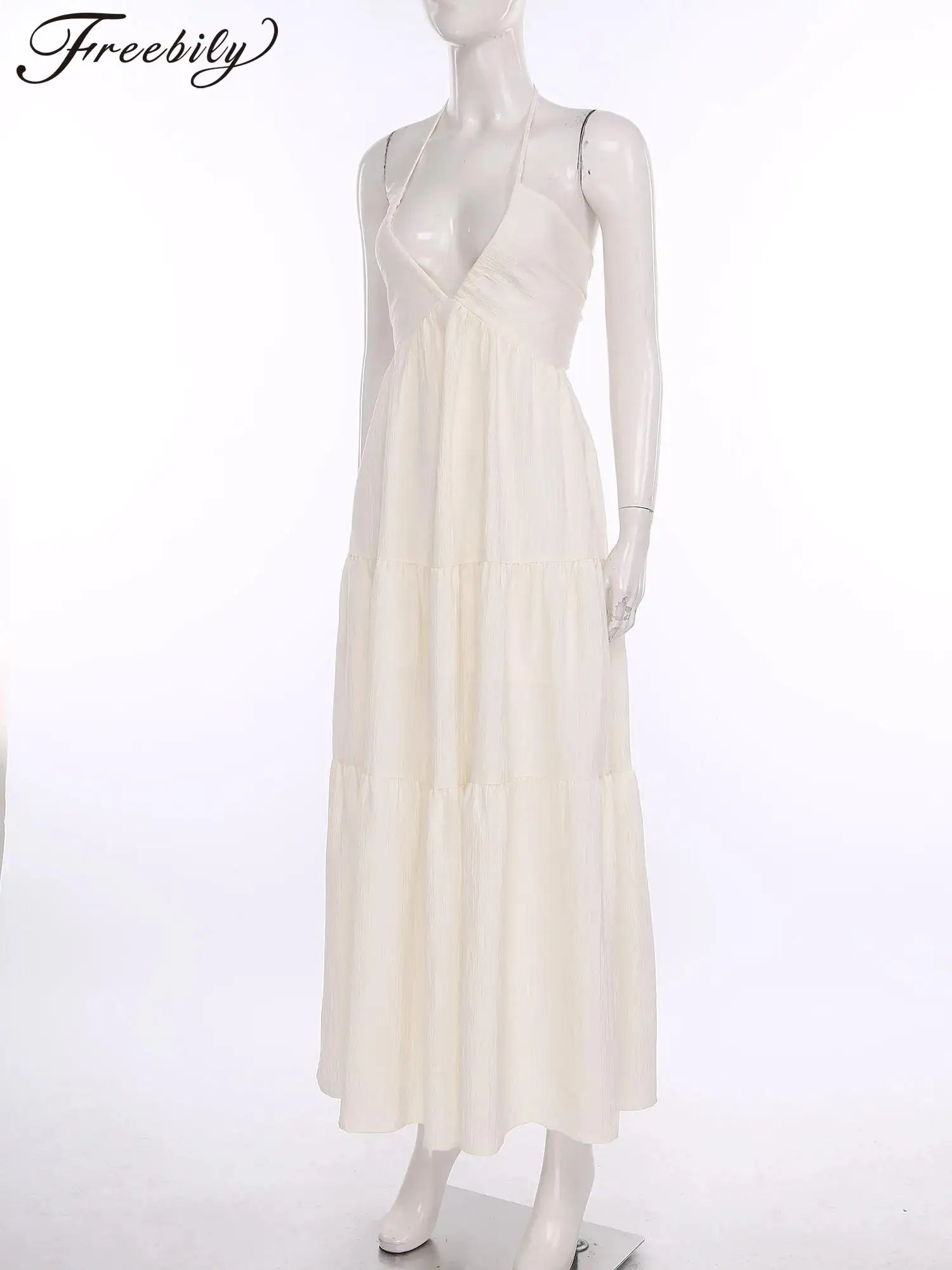 

Women's Vacation Beach Dress Boho Maxi Dress Beachwear Femme Halter V Neck Backless Lace-up A-line Holiday Dress Summer Sundress