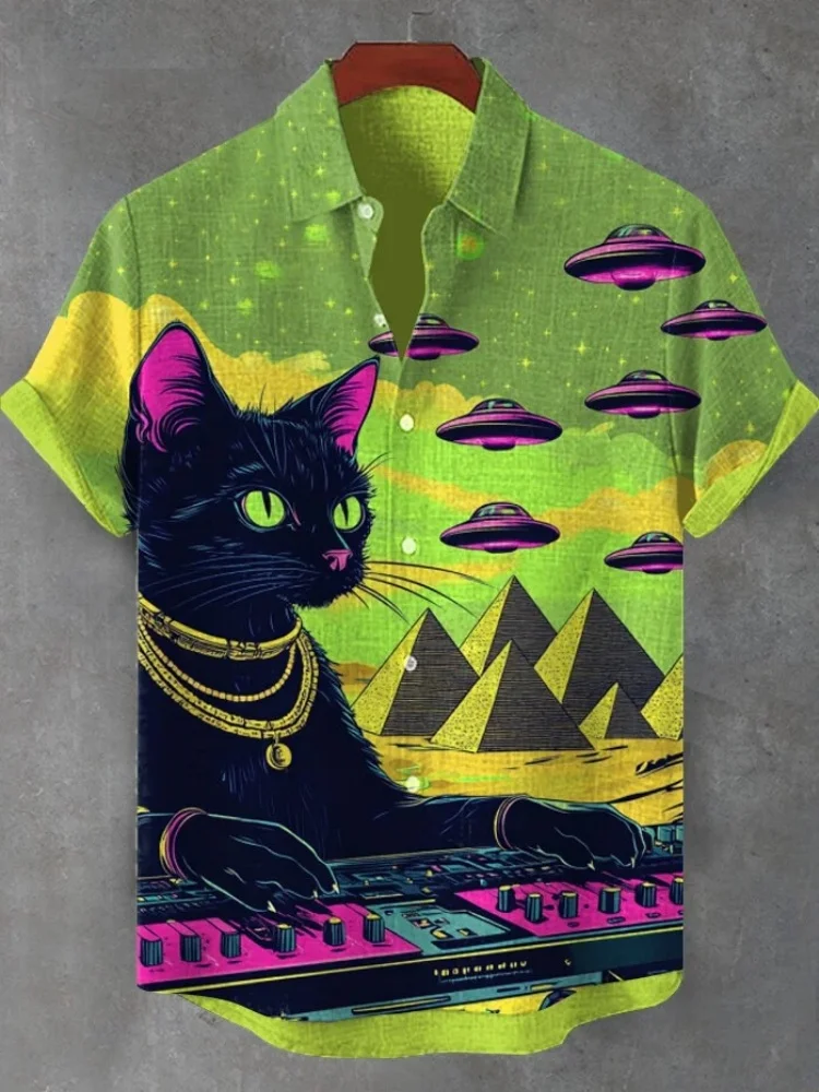 Men's y2k Specially Shirts Vintage Black Cat DJ Playing Music Print Shirt Casual Boho Retro Stand Collar Summer Tops Blouse 2025