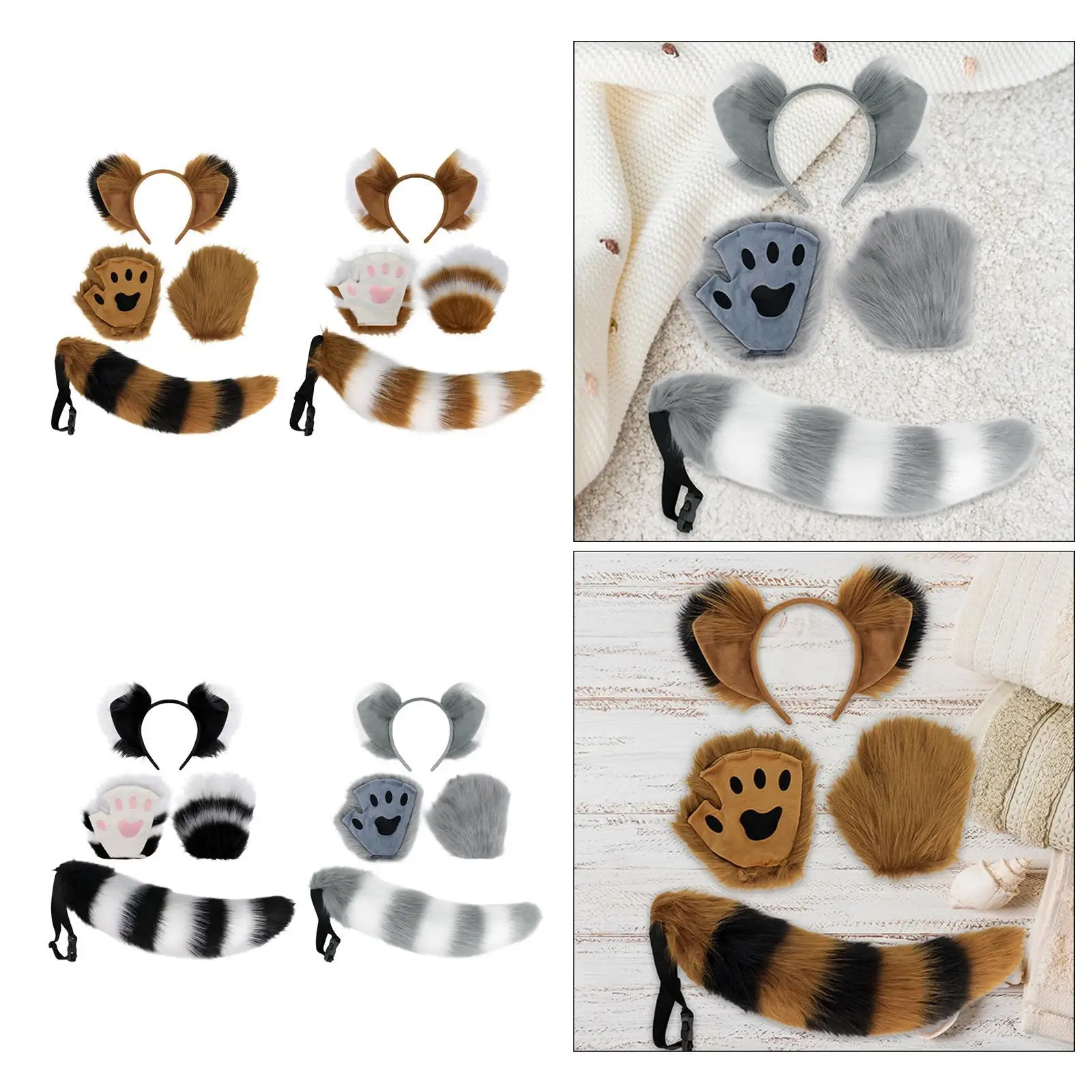 Animal Ears and Tail Set Cartoon Animal Costume Headdress Paw Gloves for Masquerade Themed Parties Carnival Holiday Pretend Play