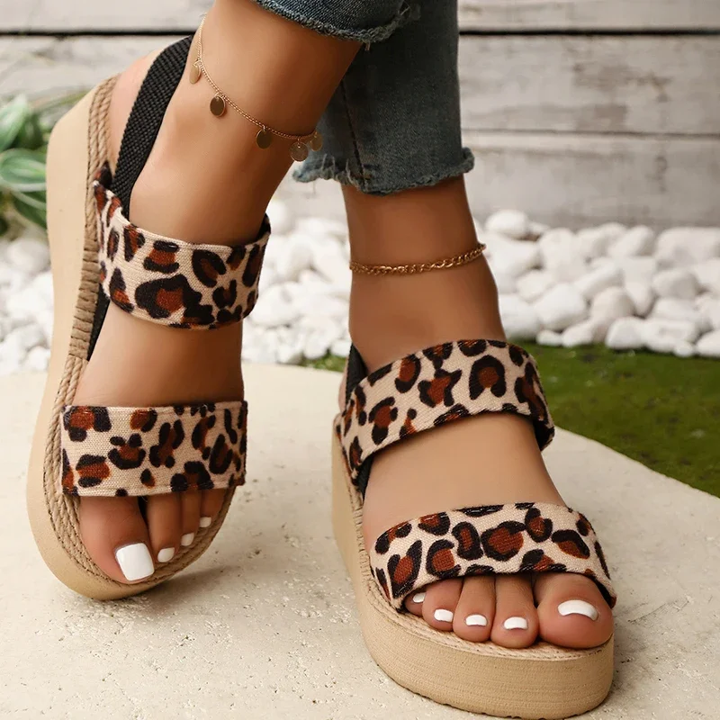 

Women Shoes Summer Leopard Open Toe Sandals for Women Fashion Back Strap Med Heel Sandal Woman Sneaker 2025Platform Wedge Sandal