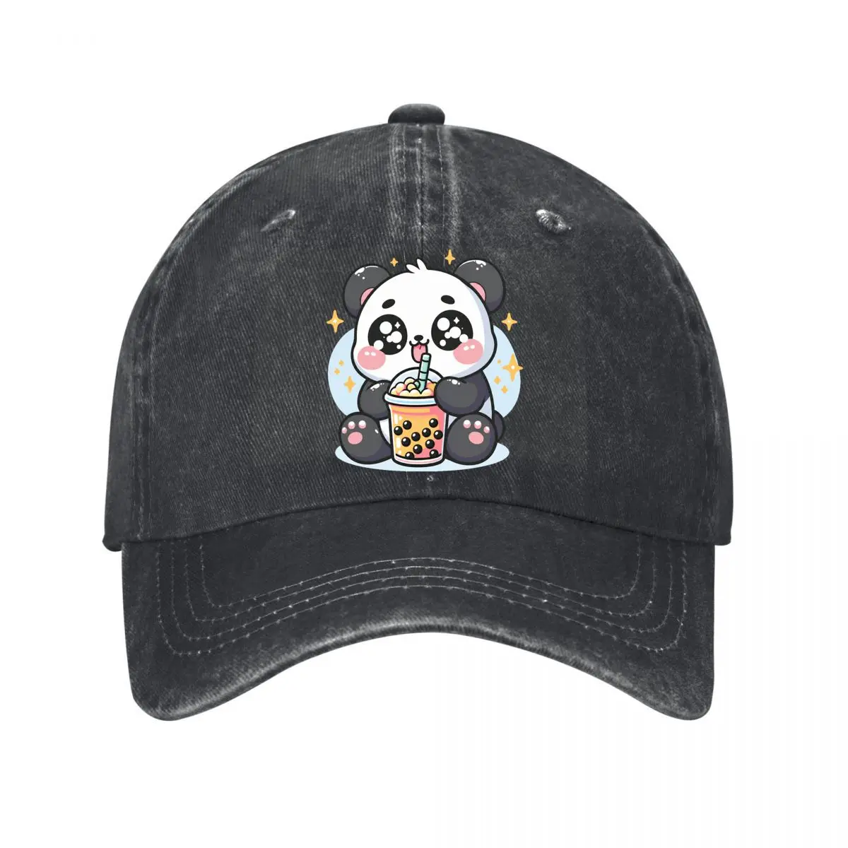 Kawaii Panda Drinking Boba Tea Bubble Pearl Baseball Cap Men Women Distressed Washed Sun Cap Outdoor Hat
