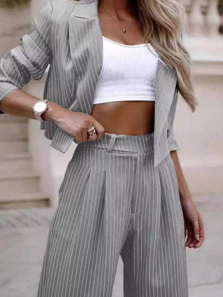 

Spring Women's Elegant Casual Striped Short Lapel Suit Straight Trousers Set Fashionable Temperament Commuting Two-piece Sets