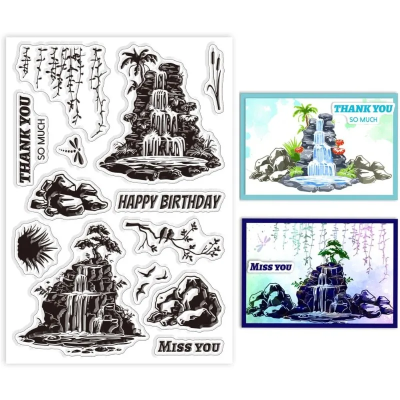 1 Stück Steingartenbrunnen Klare Stempel Pflanzen Vögel Silhouetten Klare Stempel Libelle Silikonstempel für DIY Scrapbooking Foto