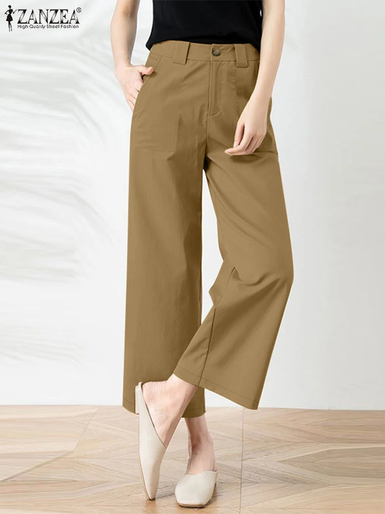 

ZANZEA Elegant Casual Loose OL Work Pantalon Spring Fashion High Waist Office Wide Leg Pants Women Trousers Solid Long Pants