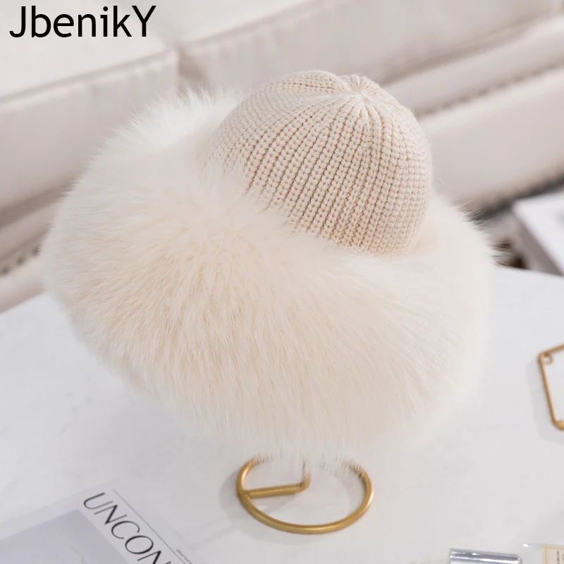 Winter Hats Women Natural Fox Fur Fuffy Warm Fashion Stylish Fedoras Knitted fur hat