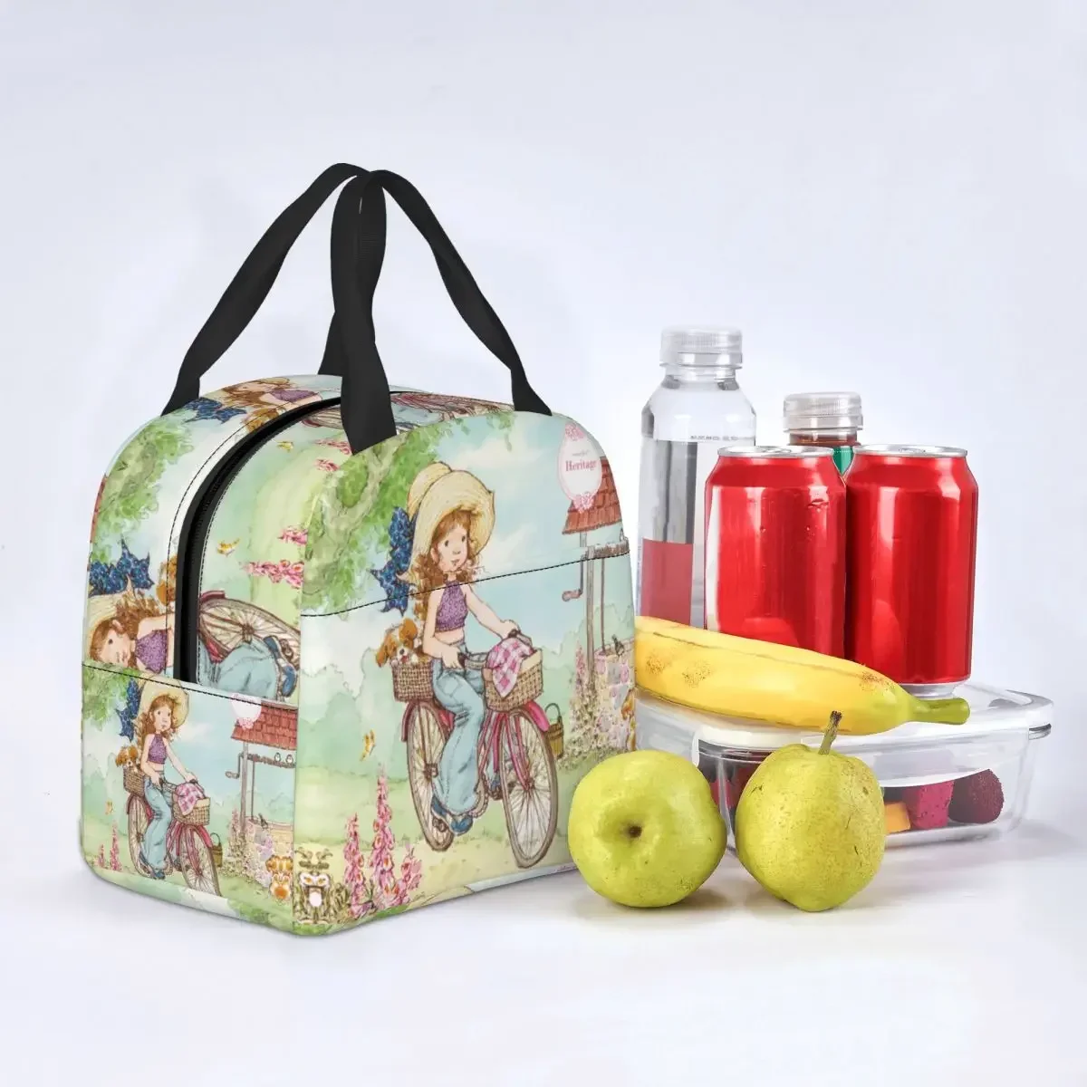 Cute Sarah Kay Girl Bike Ride Lunch Boxes Accessories Cartoon Village Life Thermal Cold Food Picnic Travel  Bag Insulated