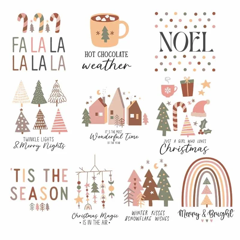 ملصقات مطبوعة لعيد الميلاد الكرتونية DTF ملصقات طباعة نقل الحرارة موسم الكي على أكياس الملابس DIY الوسائد تي شيرت