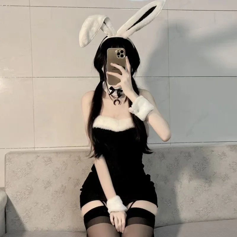 Fsia Sexy de Coelhinha com Saia Curta para Dança em Tema de Natal e loween, Saia Alta com Cintura Envolvente em Cor Pura