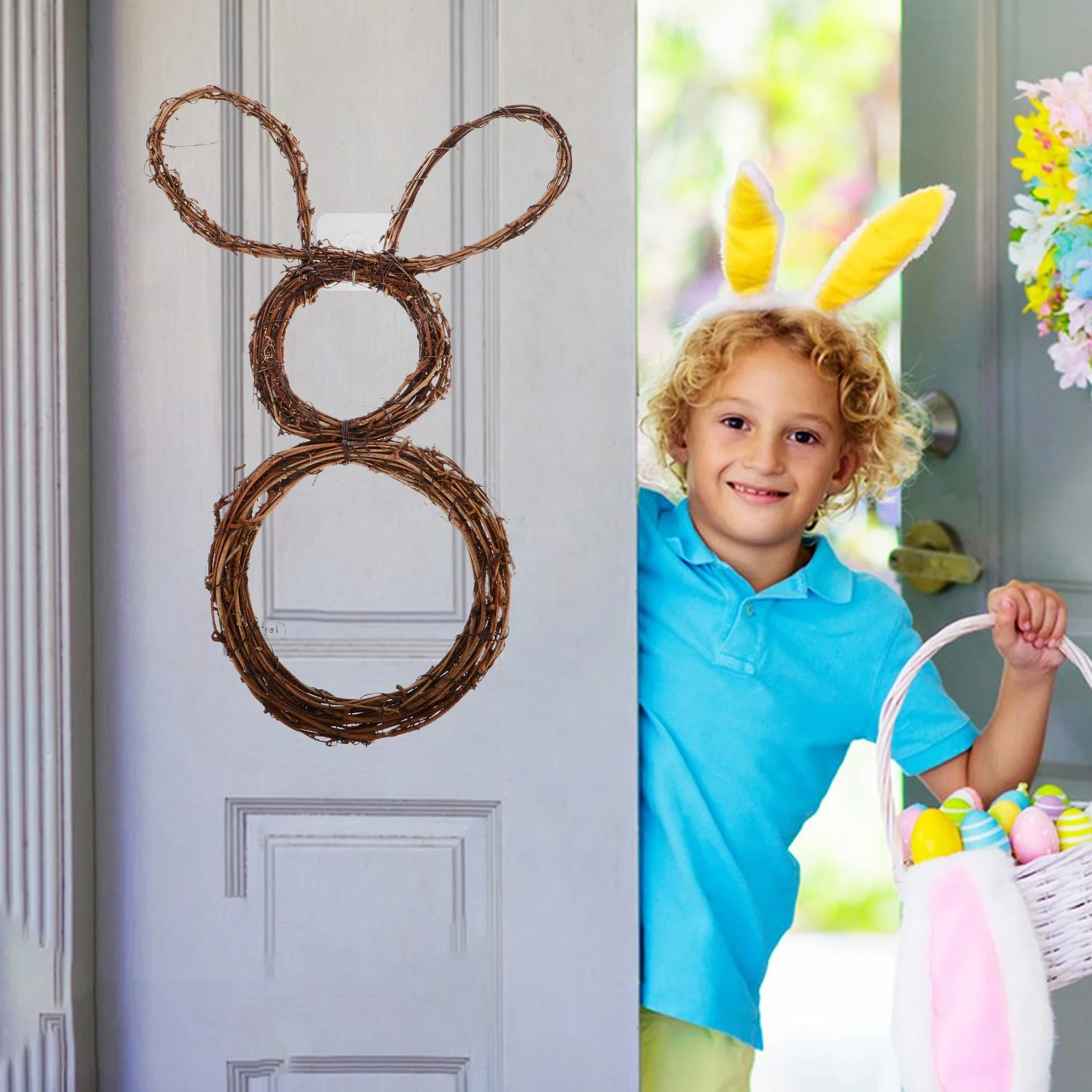 

Natural Vine Bunny Wreath Foldable Rabbit Garland Hoop for Wedding Party Door Decor Living Room Table Centerpiece Ornament