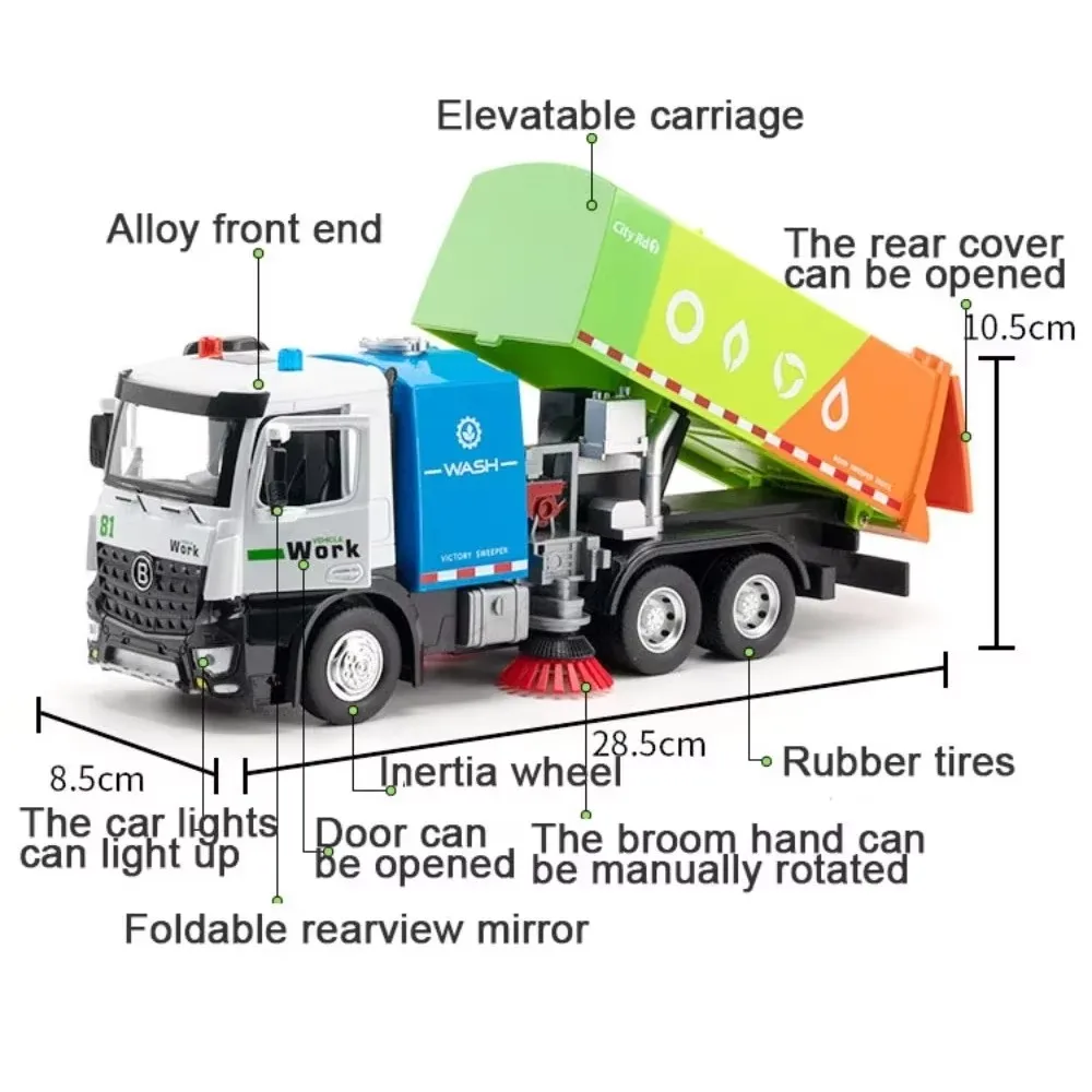 1:24 échelle réservoir d'eau camion de pompier alliage arroseur balayeuse modèle jouets portes de voiture son ouvert lumière retirer véhicules garçon enfant cadeau