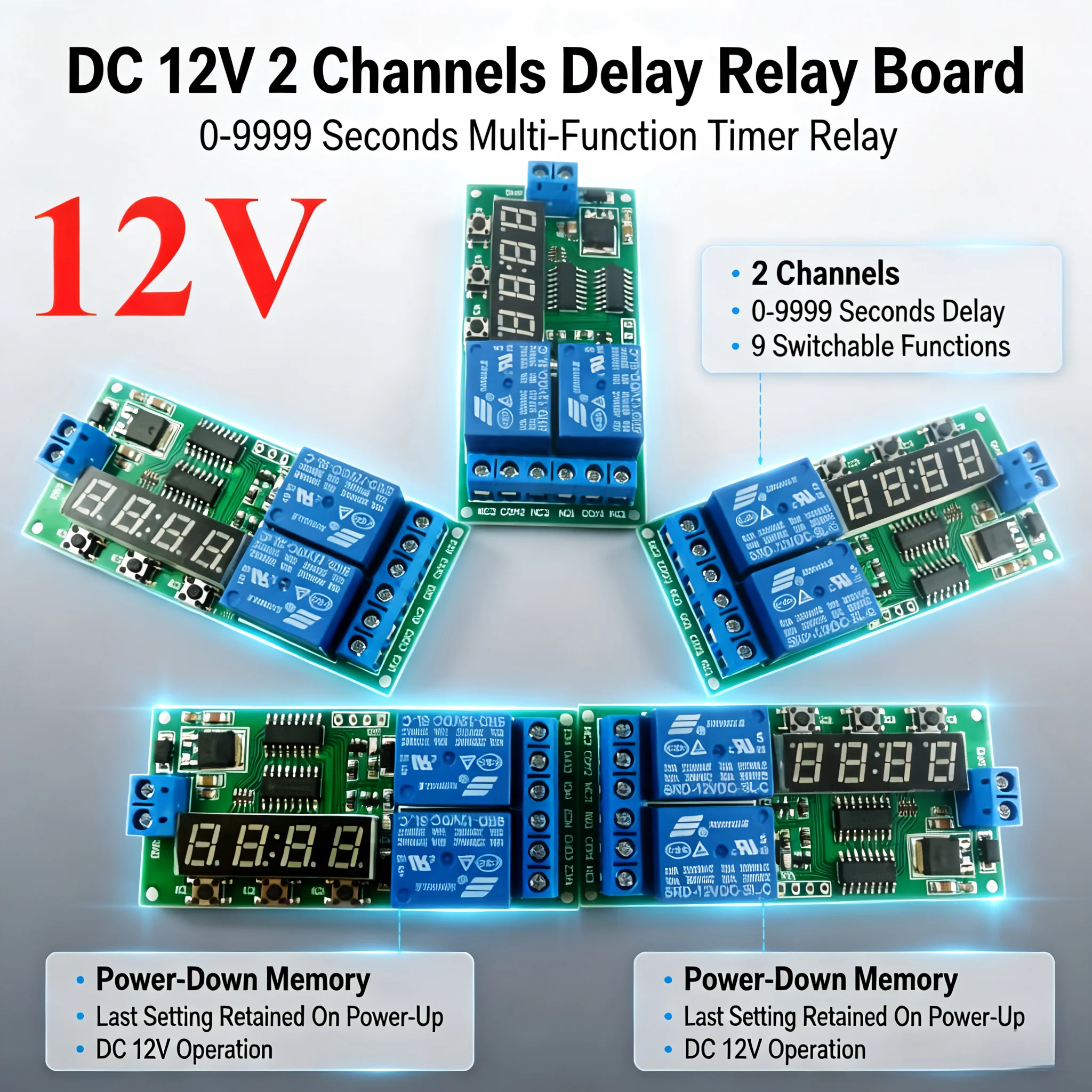 5Pcs 2CH 12V Digital Programmable Relay Module Timer Switch 1-9999s Delay Cycle Control for Motor Reverse